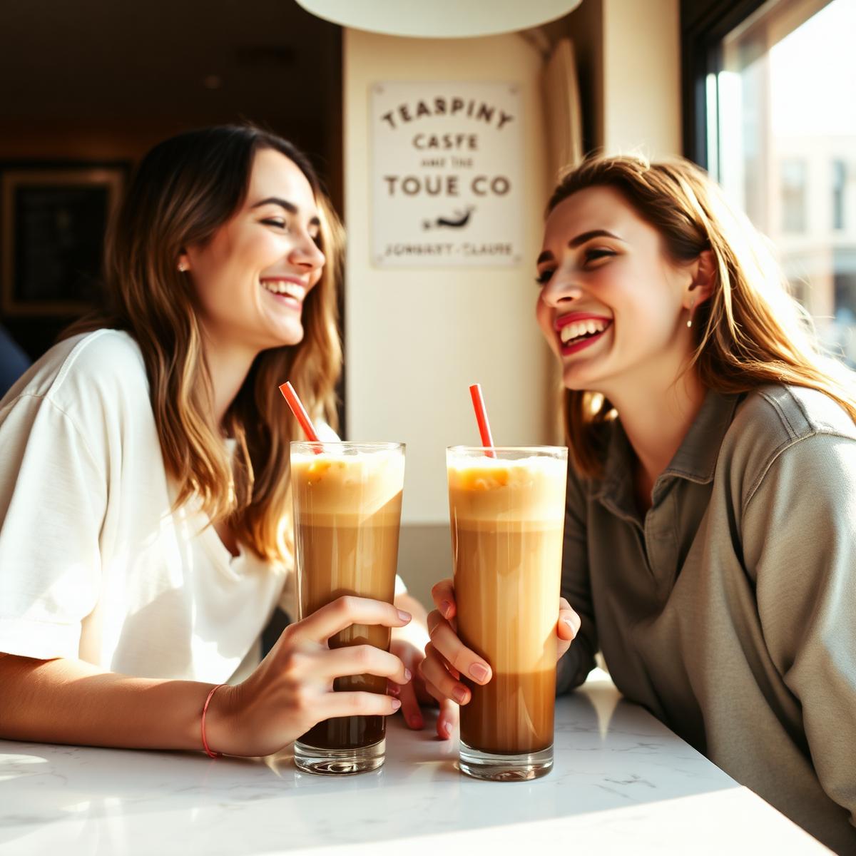 Friends laughing over iced coffees at an OTD counter
